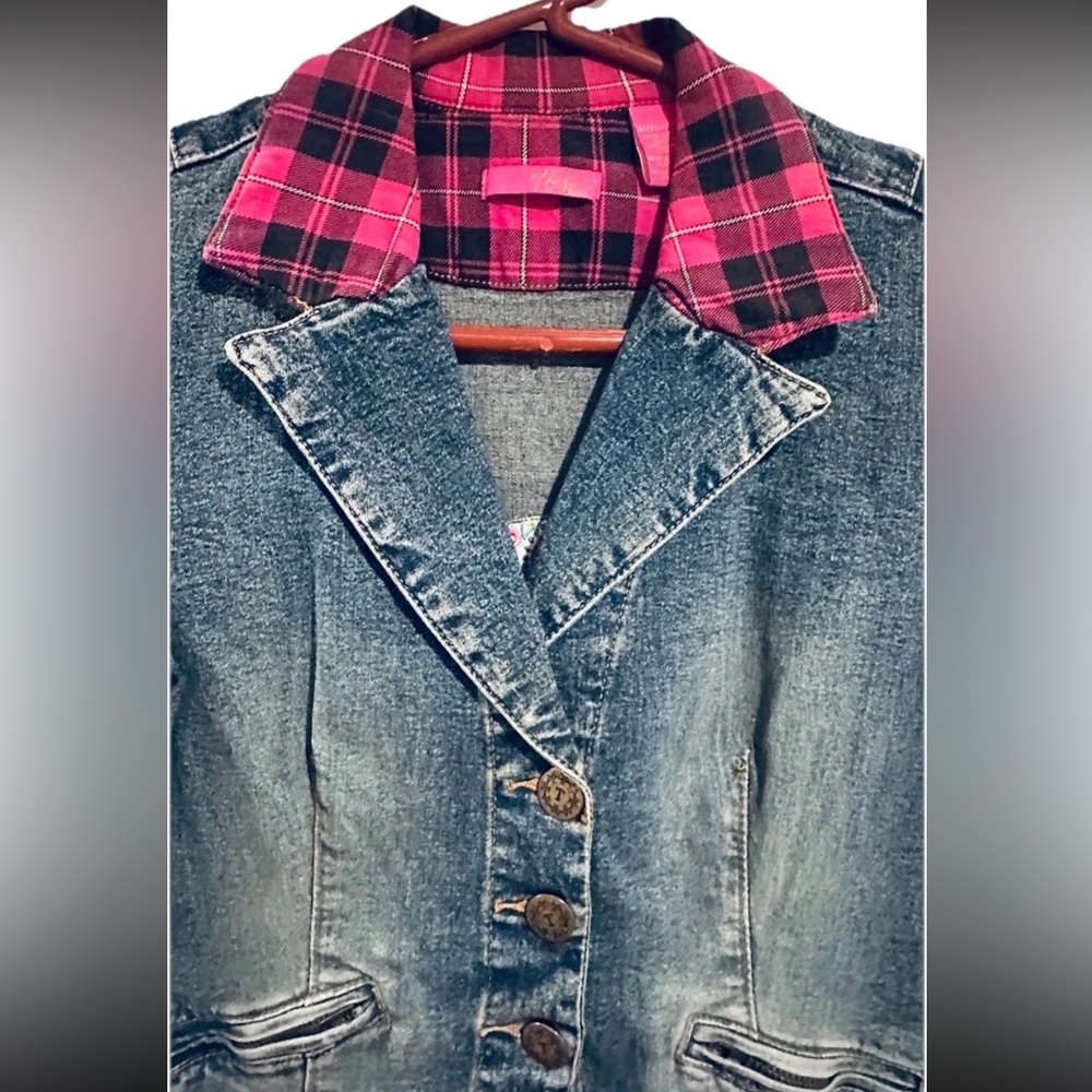 NWOT Y2K Traffic Soda Cropped Denim Blazer With Plaid Accent & Embroidered Back - Picture 11 of 11